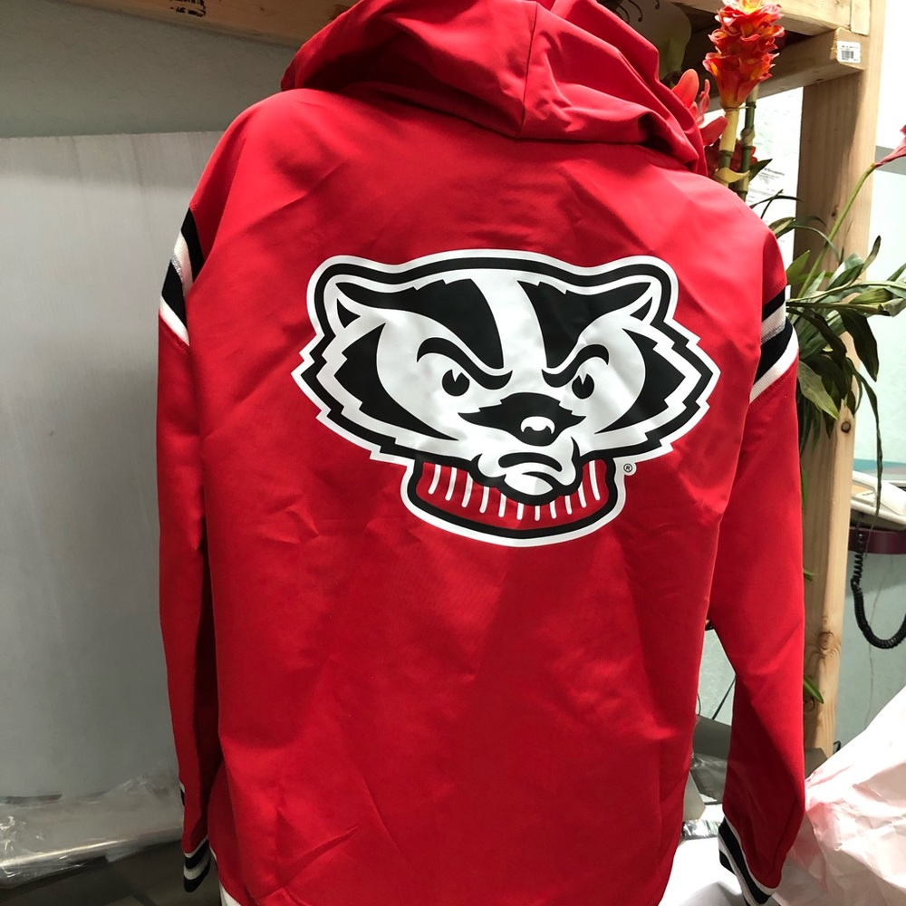 PINK Victoria's Secret Red Hooded Utility Jacket with Black & White Mascot